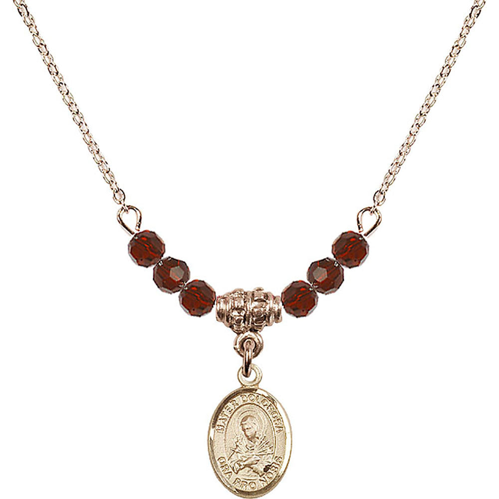 14kt Gold Filled Mater Dolorosa Birthstone Necklace with Garnet Beads - 9290