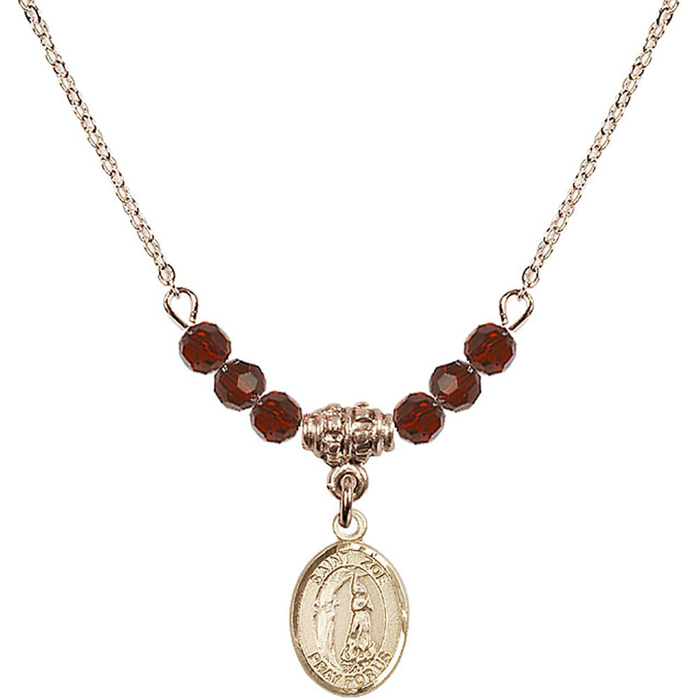 14kt Gold Filled Saint Zoe of Rome Birthstone Necklace with Garnet Beads - 9314