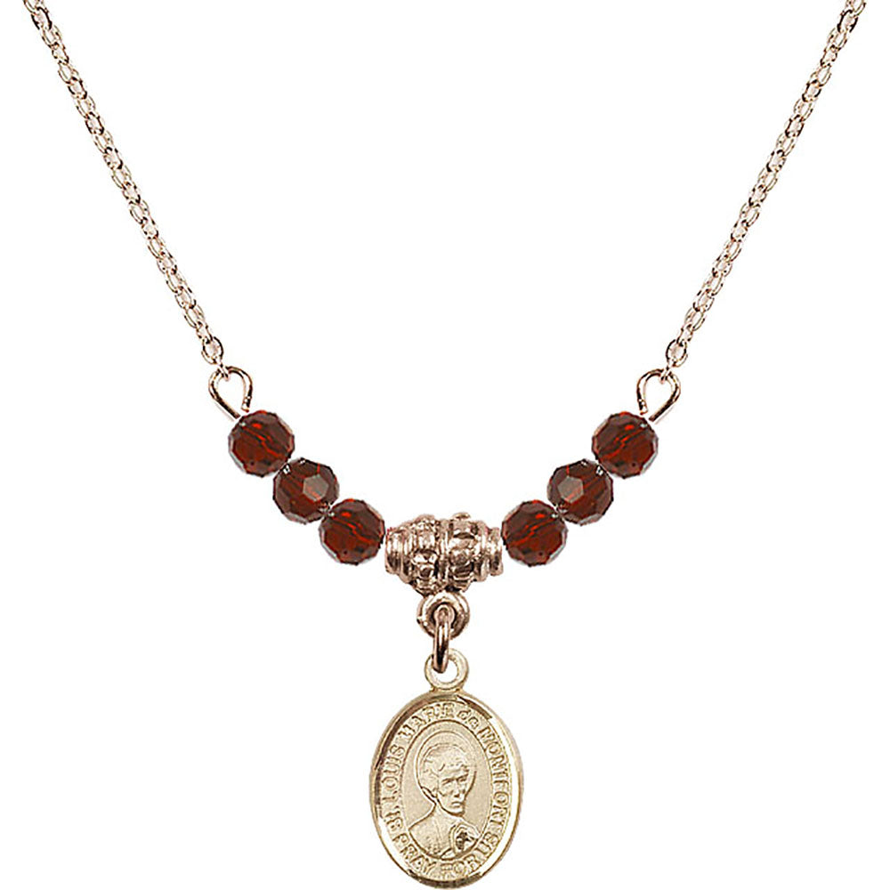 14kt Gold Filled Saint Louis Marie de Montfort Birthstone Necklace with Garnet Beads - 9330