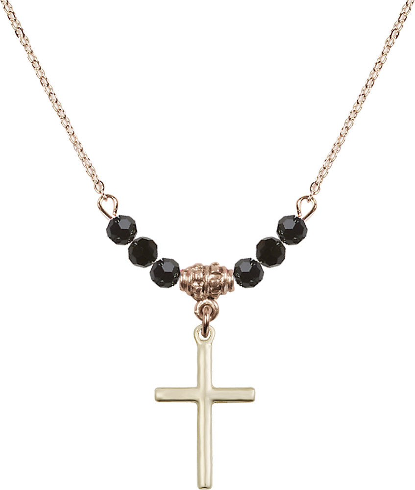 14kt Gold Filled Cross Birthstone Necklace with Jet Beads - 0017