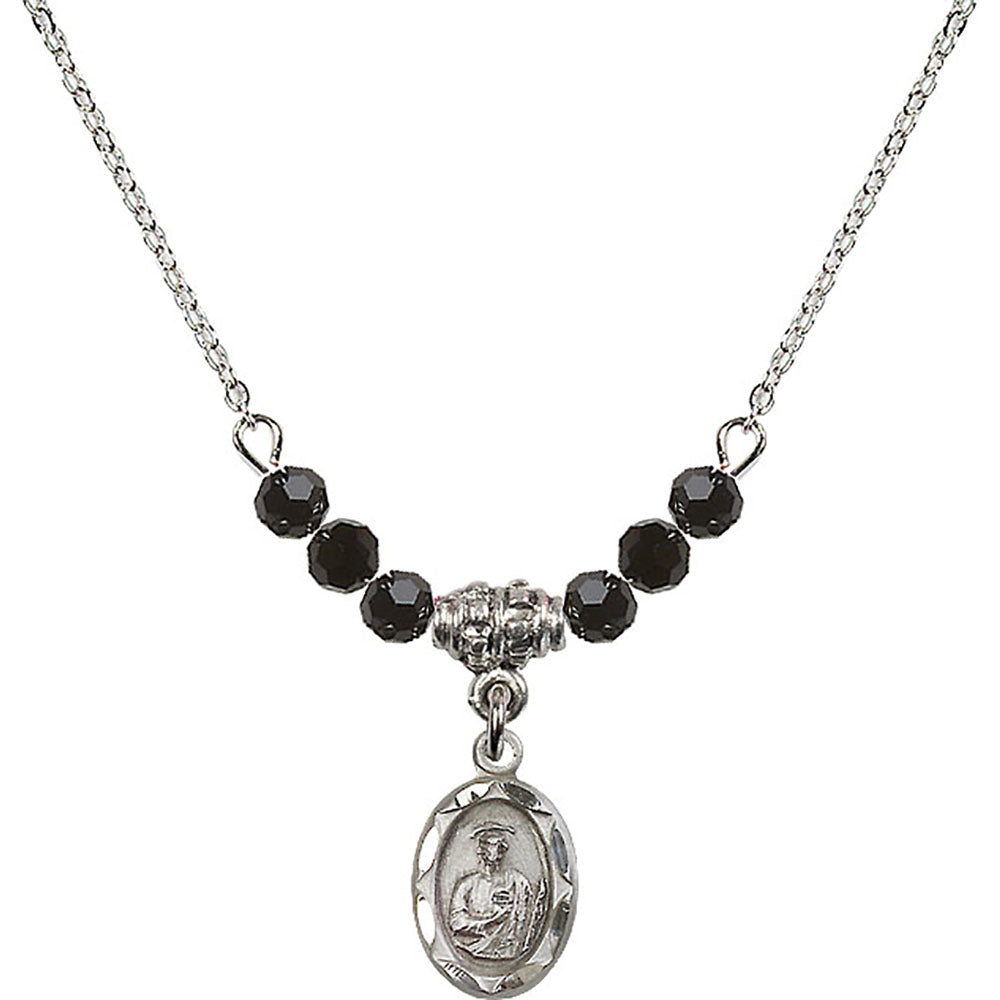 Sterling Silver Saint Jude Birthstone Necklace with Jet Beads - 0301