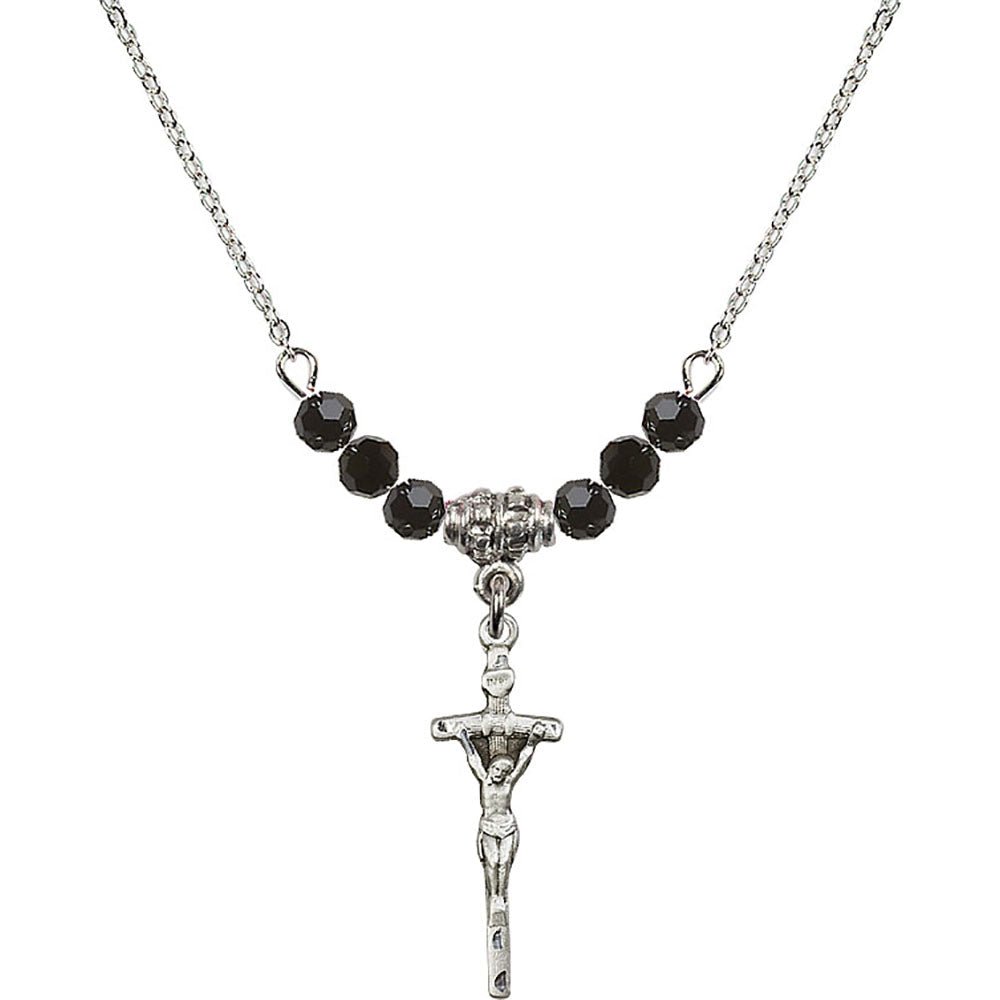 Sterling Silver Papal Crucifix Birthstone Necklace with Jet Beads - 0563