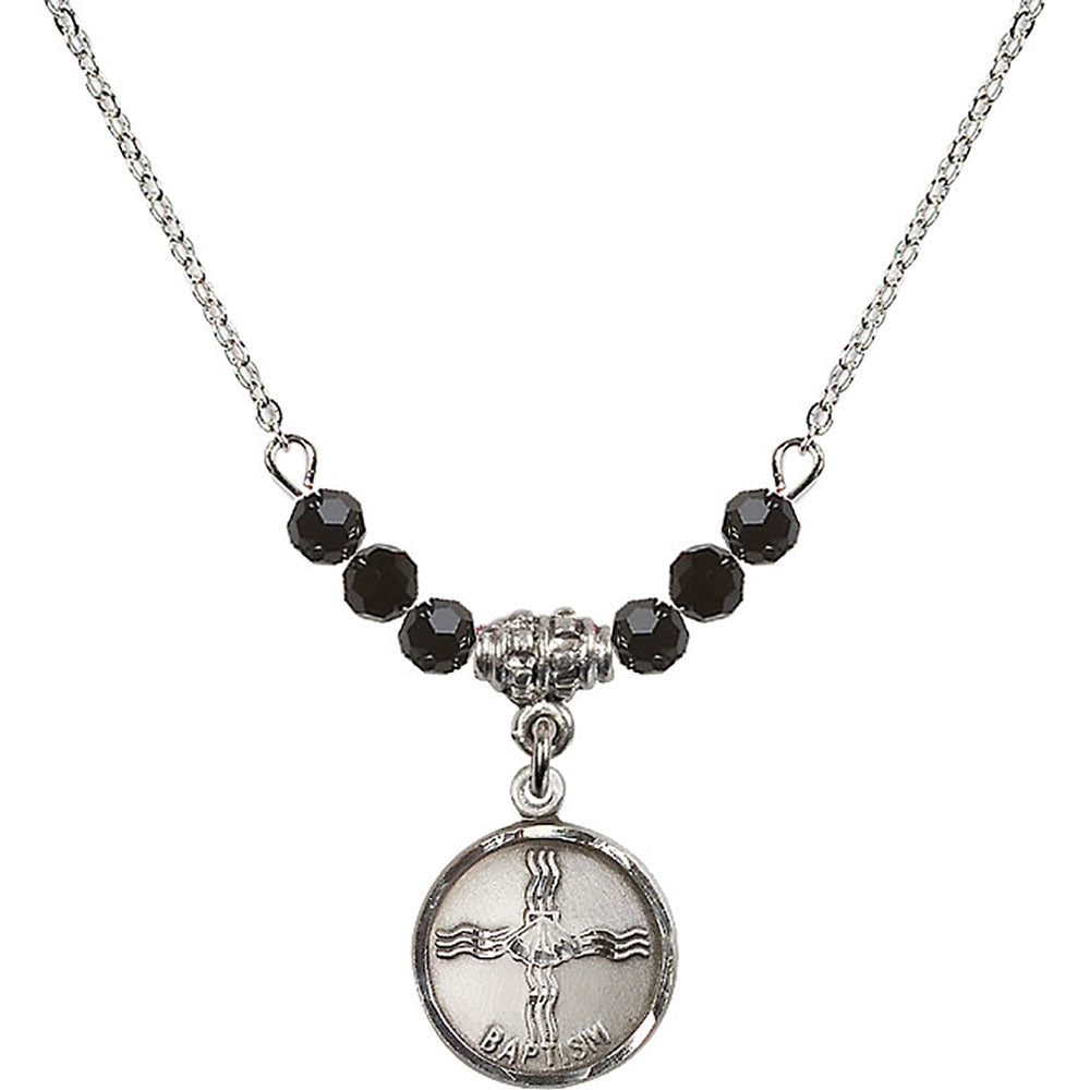 Sterling Silver Baptism Birthstone Necklace with Jet Beads - 0601