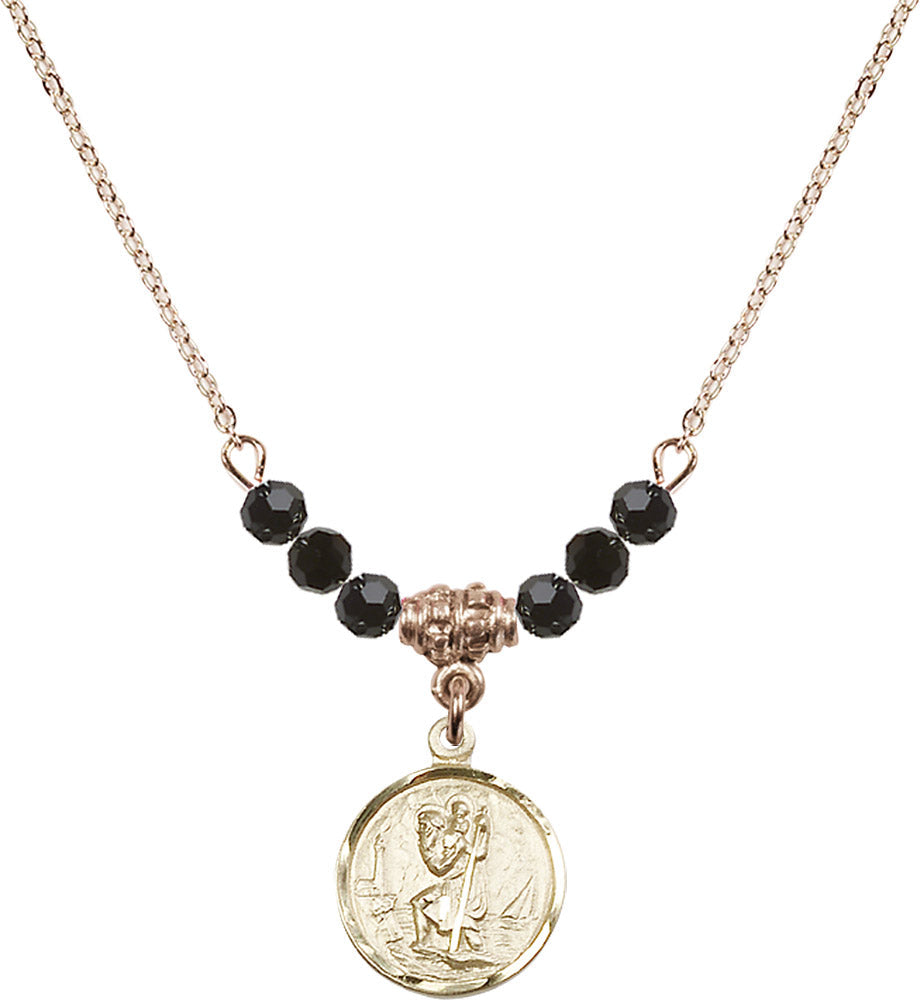 14kt Gold Filled Saint Christopher Birthstone Necklace with Jet Beads - 0601