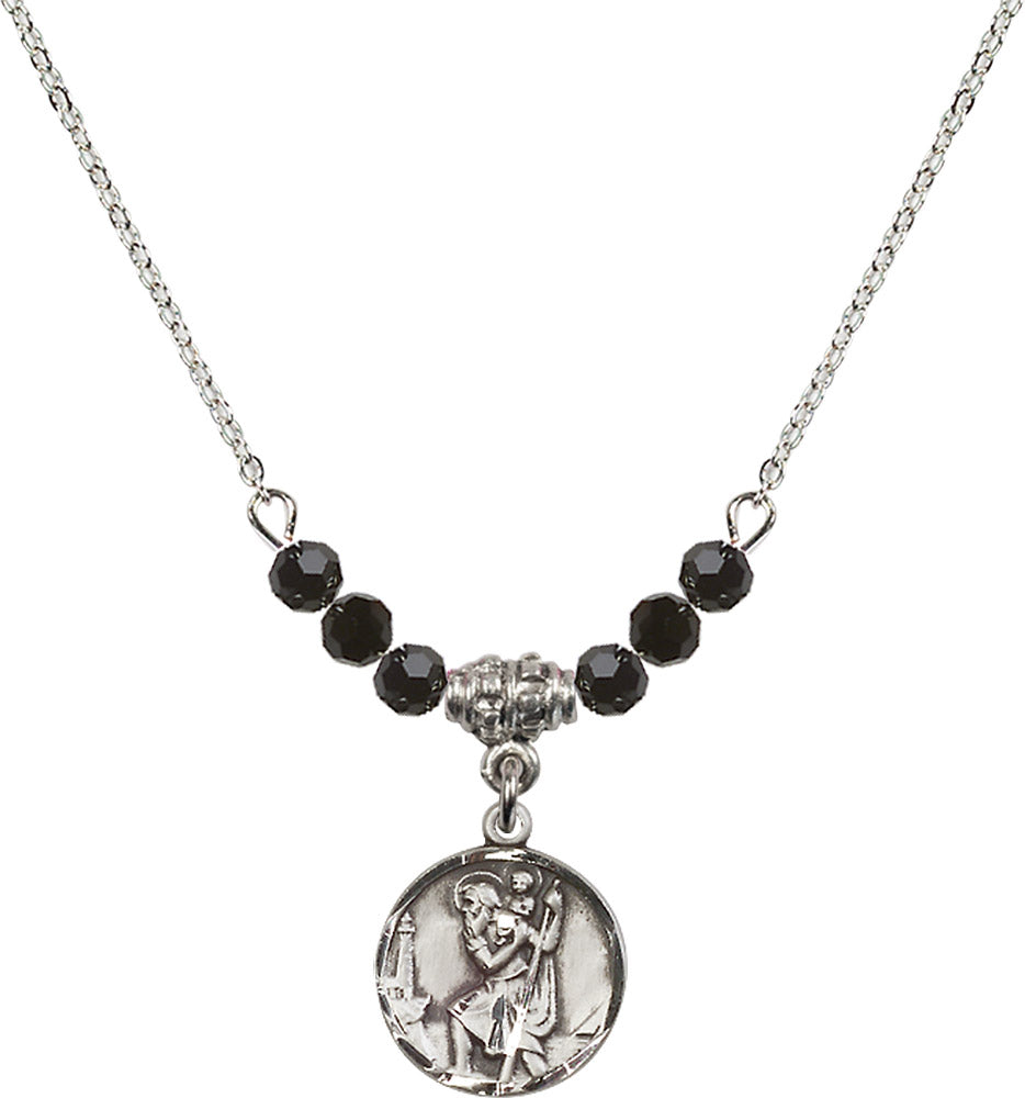Sterling Silver Saint Christopher Birthstone Necklace with Jet Beads - 0601