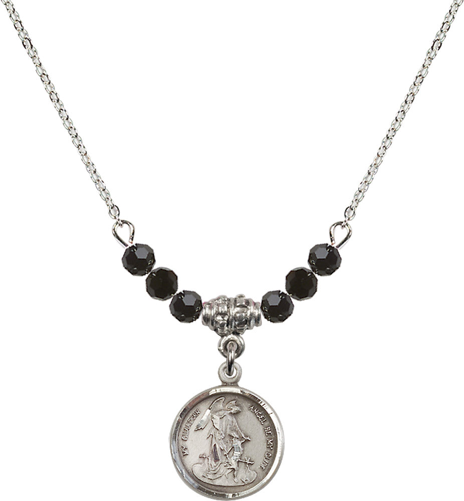 Sterling Silver Guardian Angel Birthstone Necklace with Jet Beads - 0601