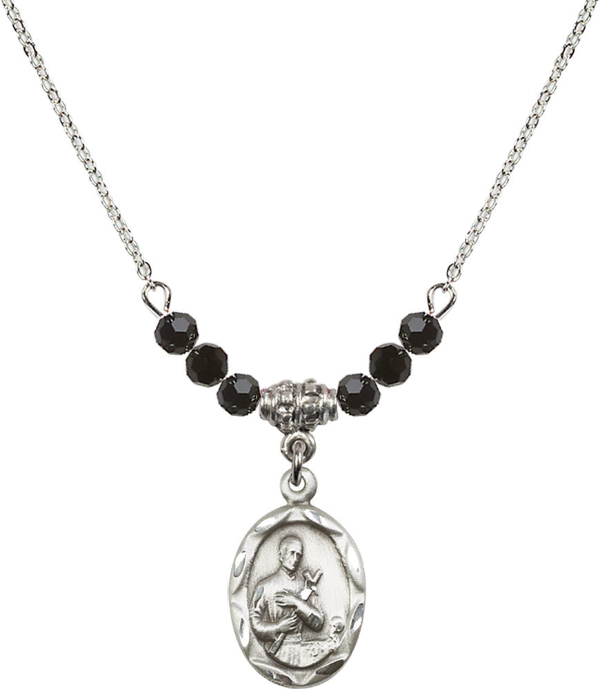 Sterling Silver Saint Gerard Birthstone Necklace with Jet Beads - 0612