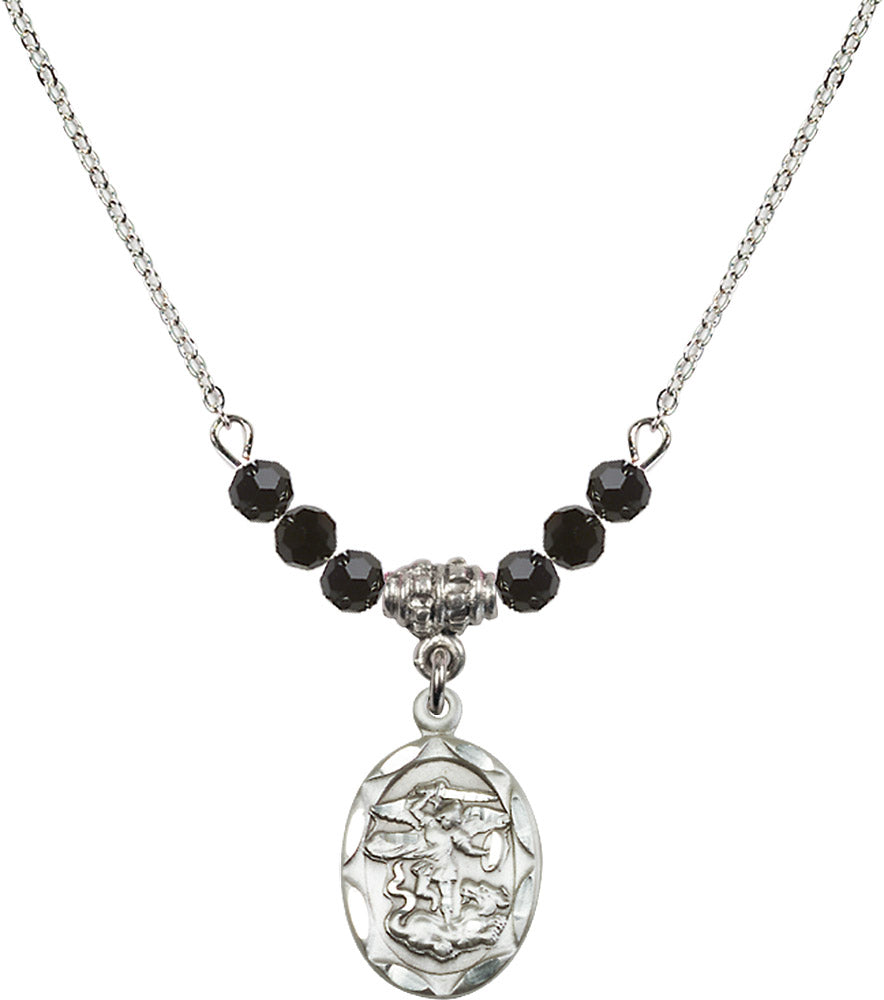 Sterling Silver Saint Michael the Archangel Birthstone Necklace with Jet Beads - 0612