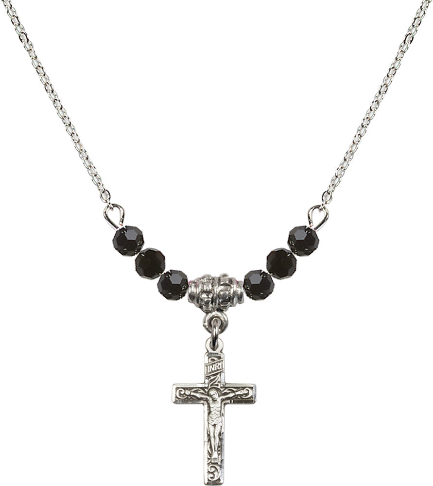 Sterling Silver Crucifix Birthstone Necklace with Jet Beads - 0672