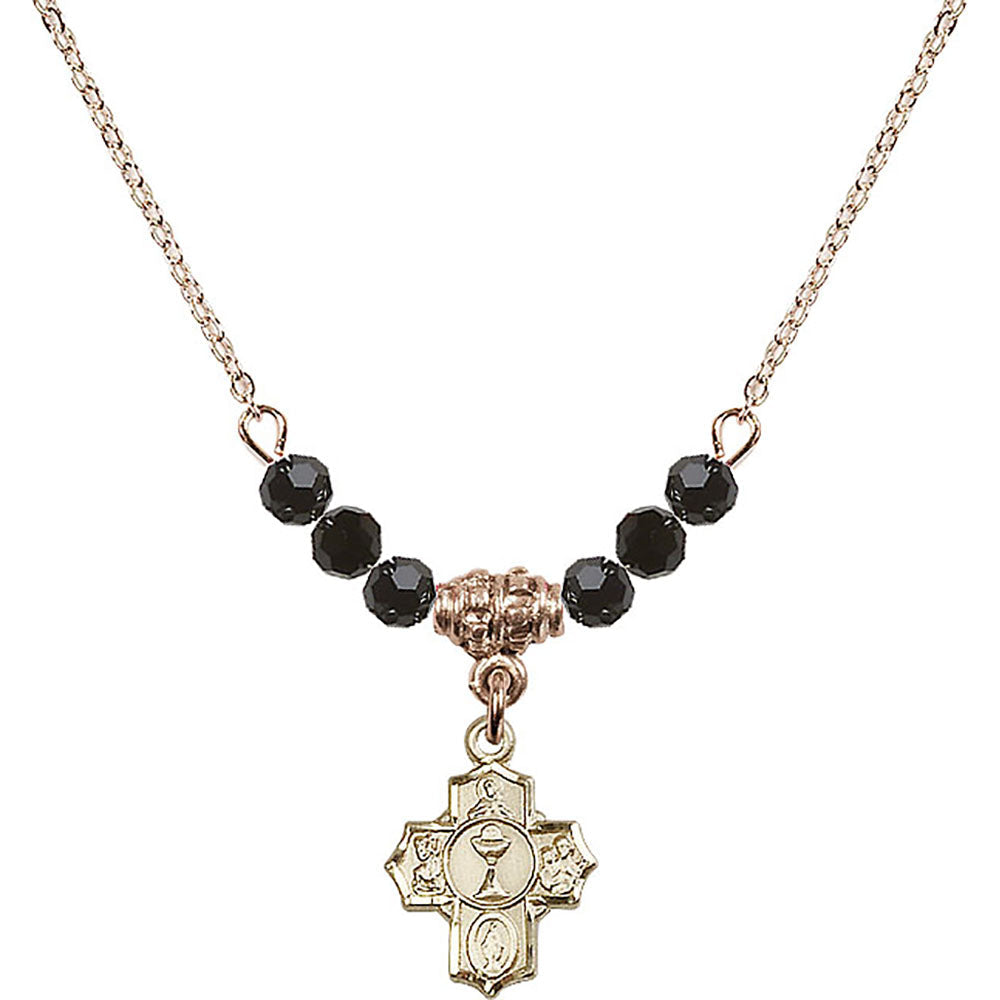 14kt Gold Filled Communion 5-Way Birthstone Necklace with Jet Beads - 0890