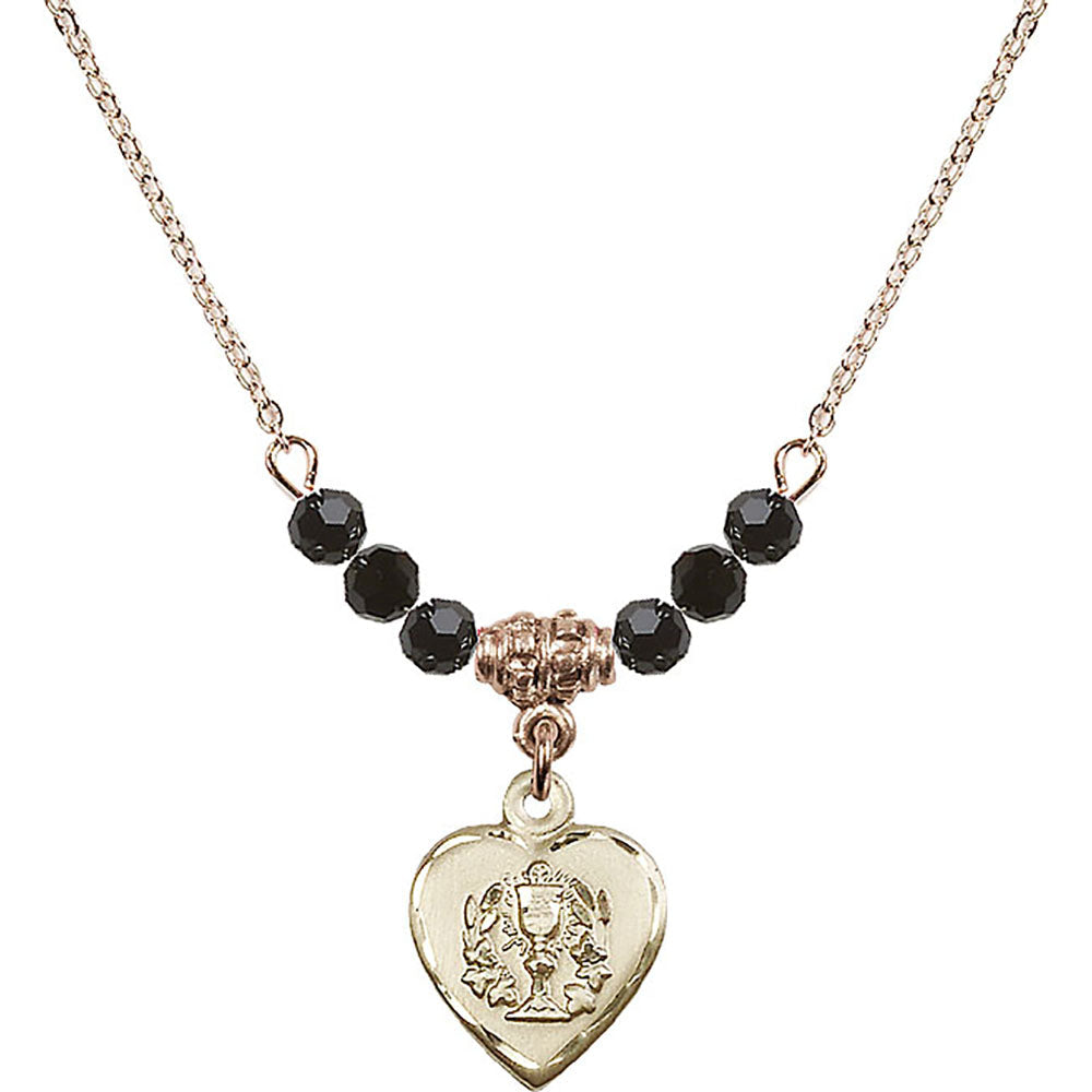 14kt Gold Filled Heart / Communion Birthstone Necklace with Jet Beads - 0892