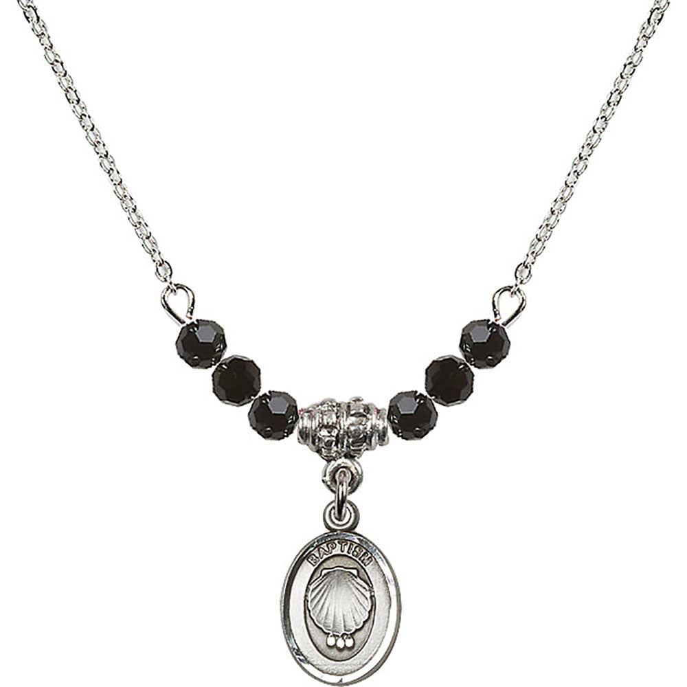 Sterling Silver Baptism Birthstone Necklace with Jet Beads - 0974