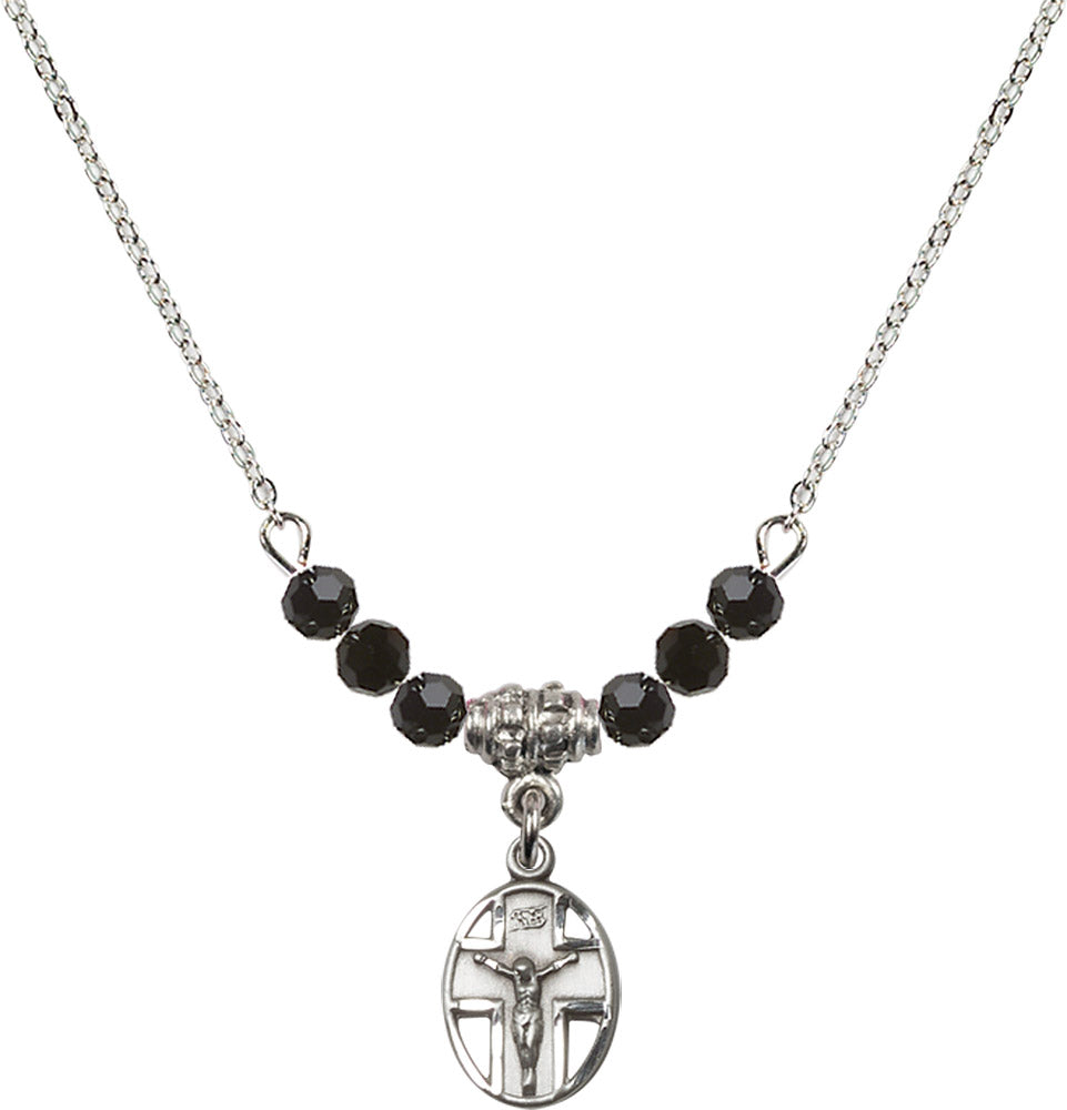 Sterling Silver Crucifix Birthstone Necklace with Jet Beads - 0978