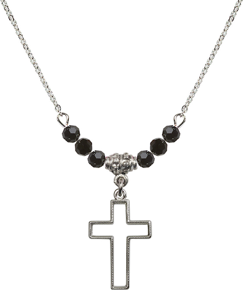 Sterling Silver Cross Birthstone Necklace with Jet Beads - 1708