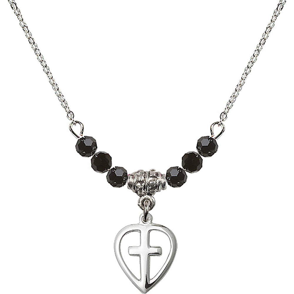Sterling Silver Heart / Cross Birthstone Necklace with Jet Beads - 1709