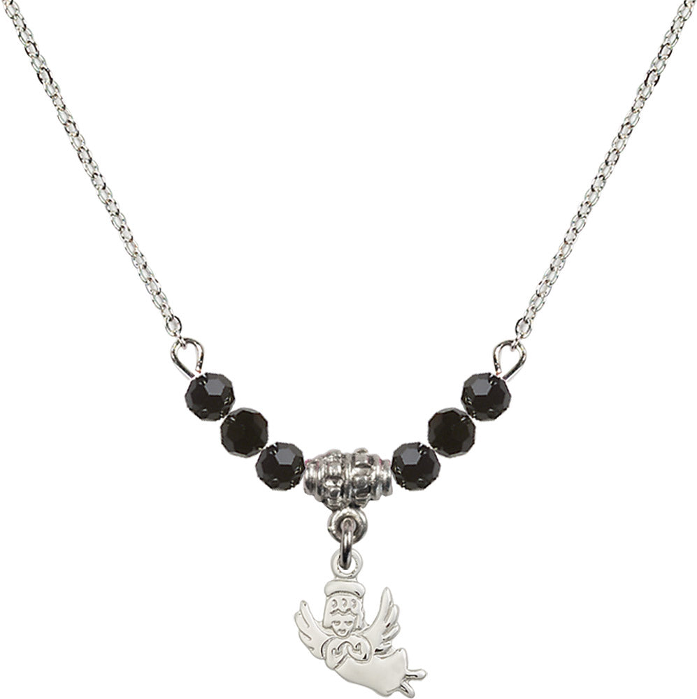 Sterling Silver Guardian Angel Birthstone Necklace with Jet Beads - 2128