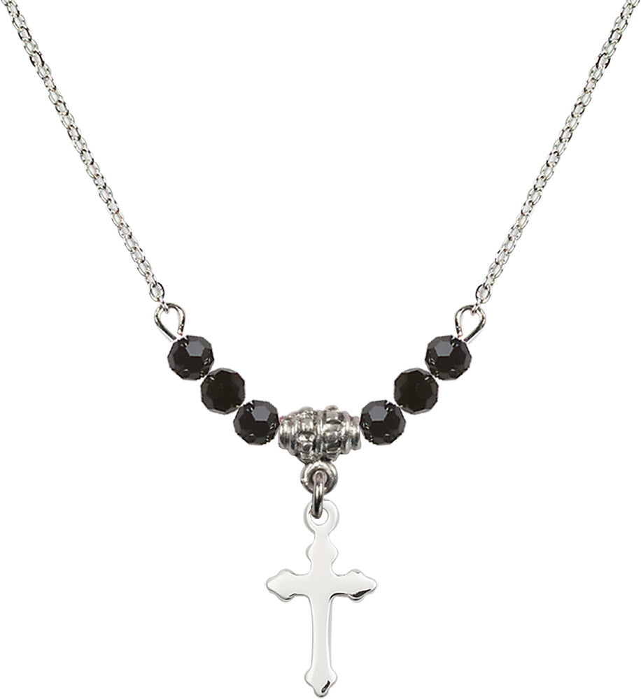 Sterling Silver Cross Birthstone Necklace with Jet Beads - 2528