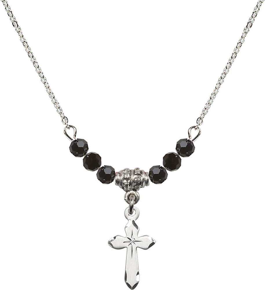 Sterling Silver Cross Birthstone Necklace with Jet Beads - 2529
