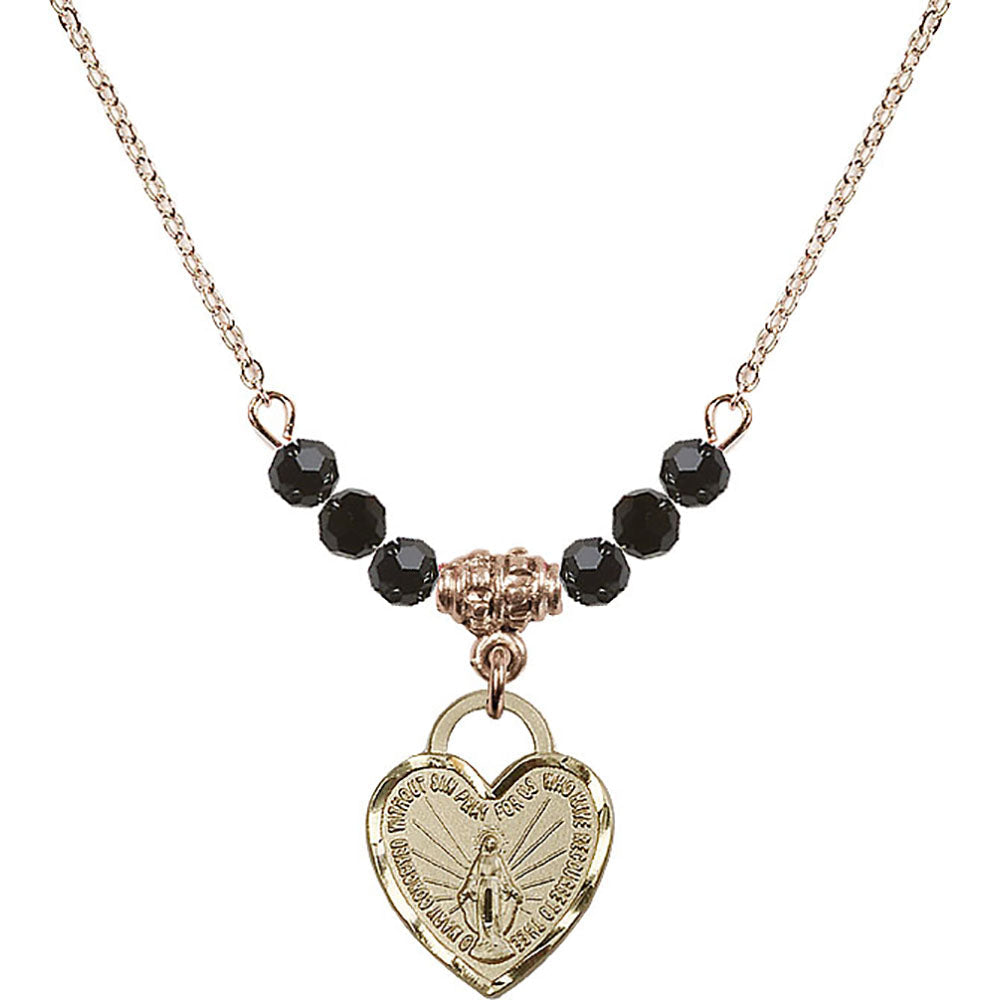 14kt Gold Filled Miraculous Heart Birthstone Necklace with Jet Beads - 3401