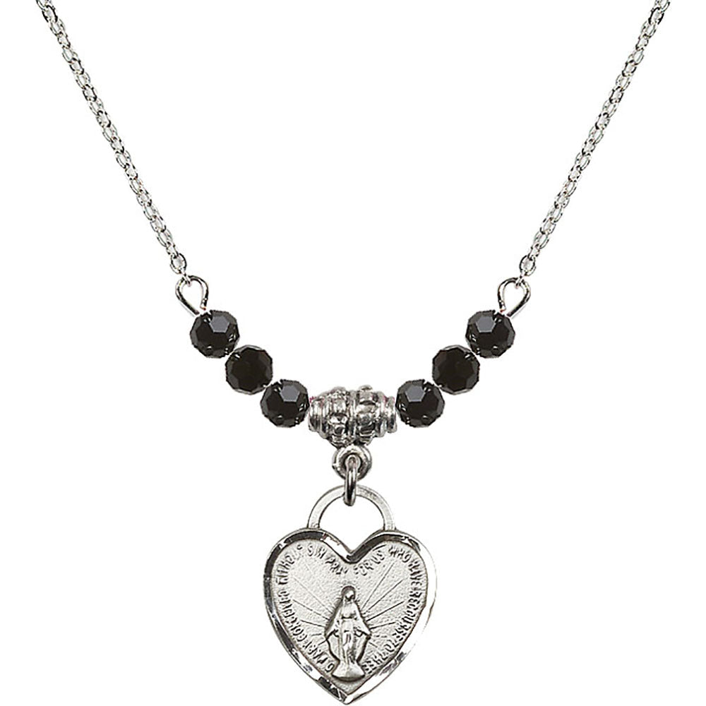 Sterling Silver Miraculous Heart Birthstone Necklace with Jet Beads - 3401