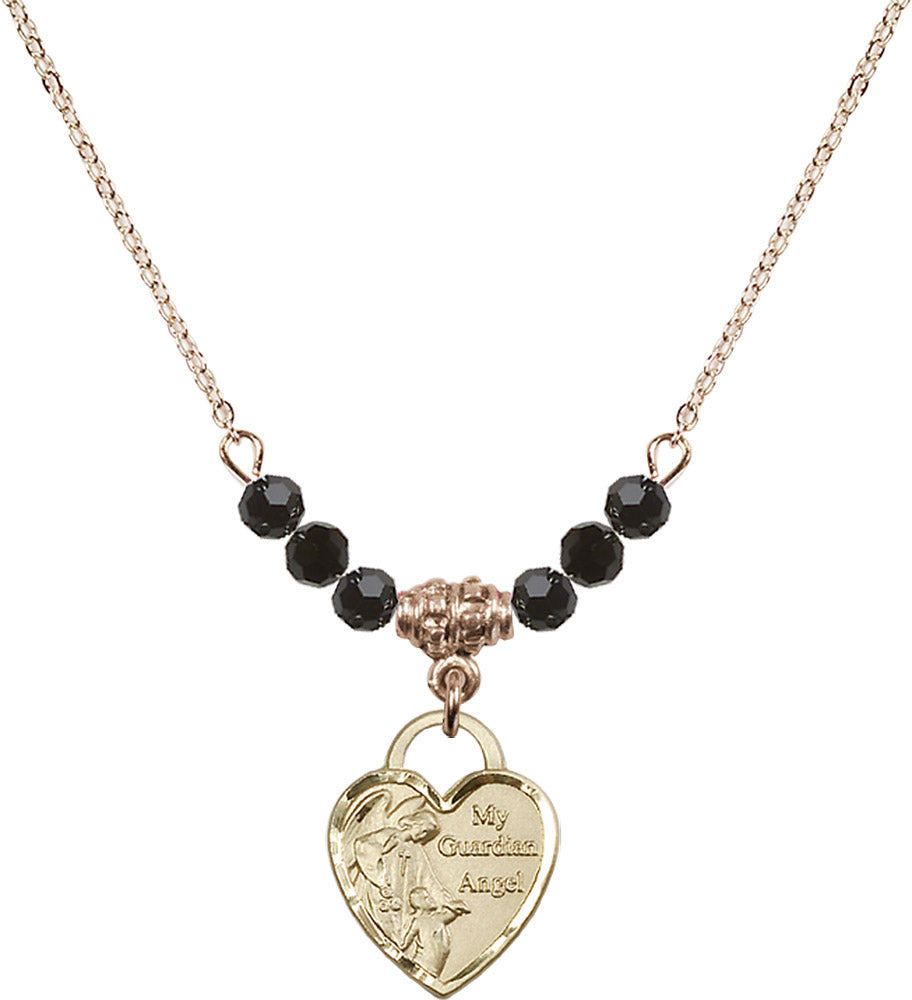 14kt Gold Filled Guardian Angel Heart Birthstone Necklace with Jet Beads - 3402