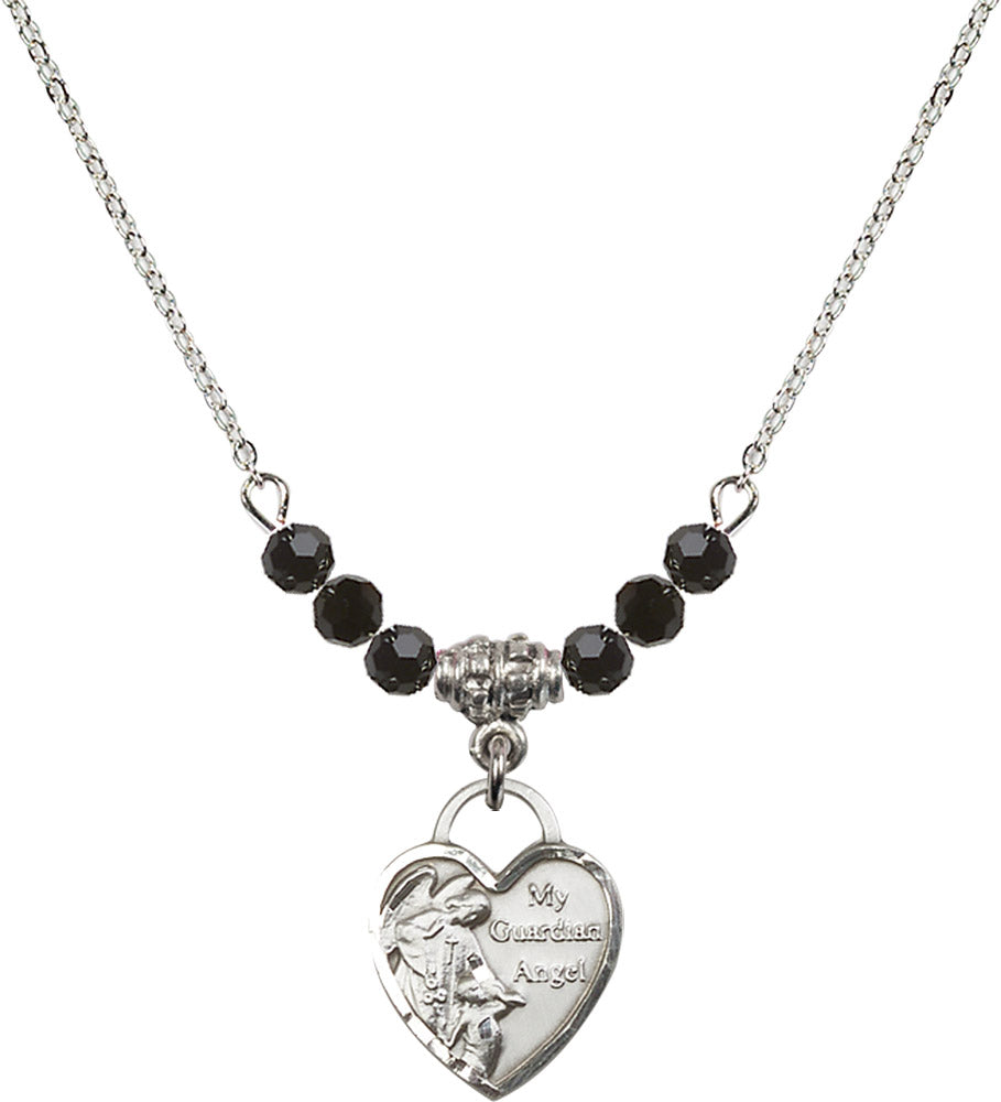 Sterling Silver Guardian Angel Heart Birthstone Necklace with Jet Beads - 3402
