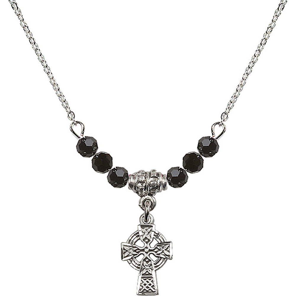 Sterling Silver Celtic Cross Birthstone Necklace with Jet Beads - 4133