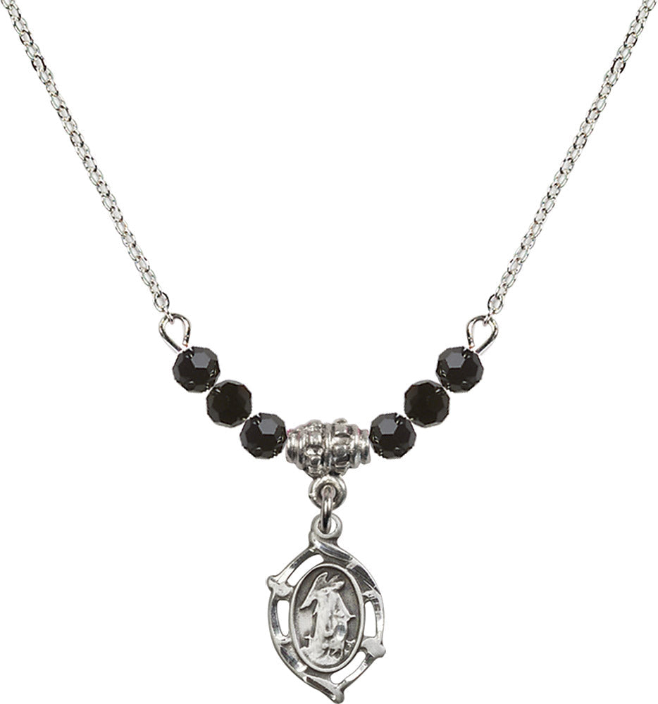 Sterling Silver Guardian Angel Birthstone Necklace with Jet Beads - 4154