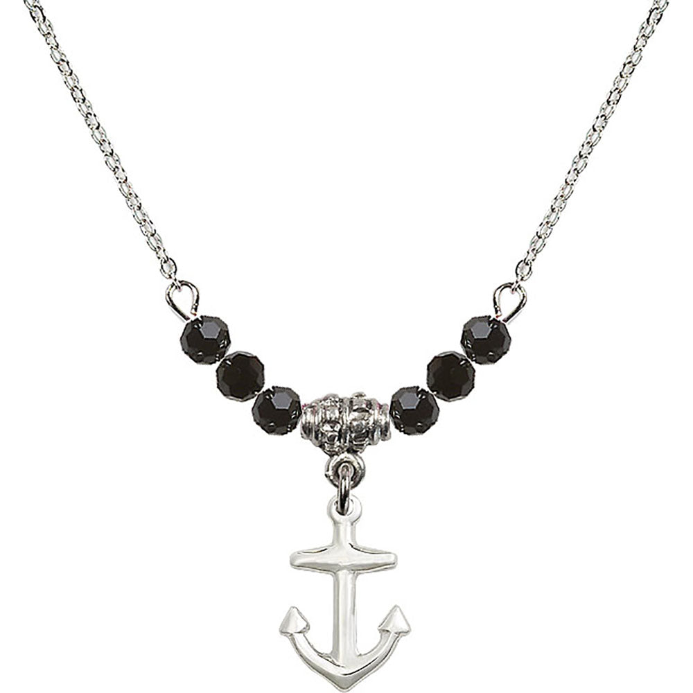 Sterling Silver Anchor Birthstone Necklace with Jet Beads - 4158