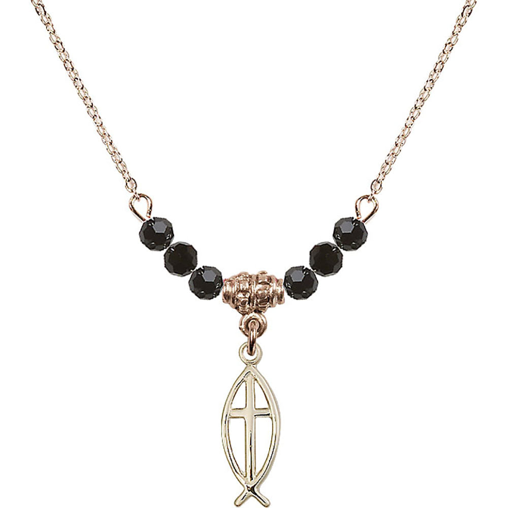 14kt Gold Filled Fish / Cross Birthstone Necklace with Jet Beads - 4251