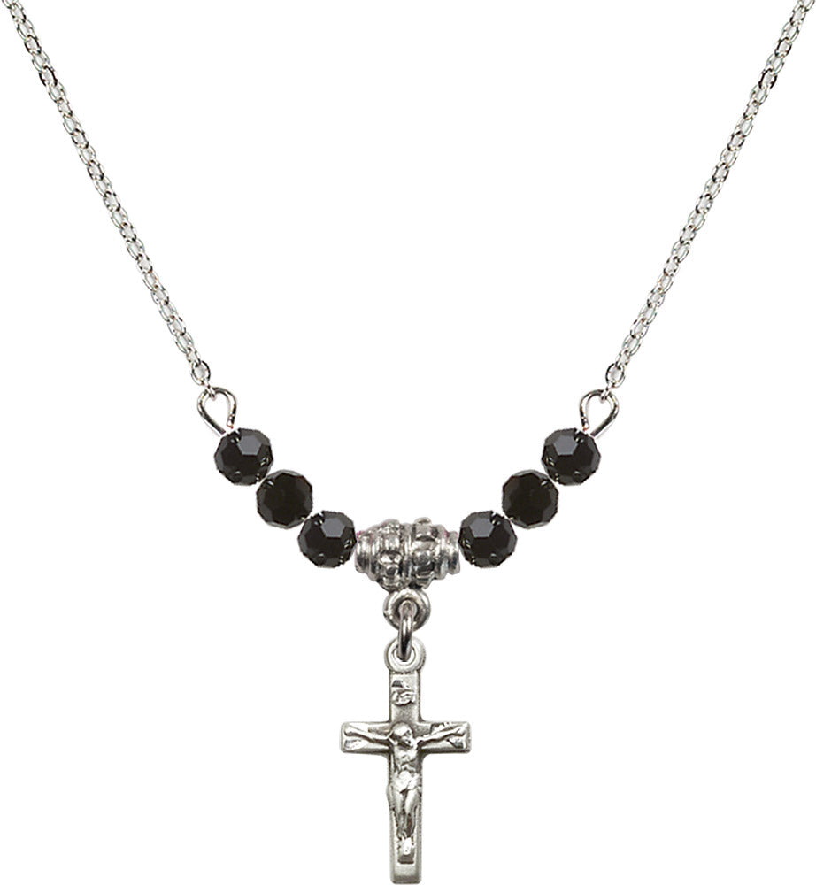 Sterling Silver Crucifix Birthstone Necklace with Jet Beads - 5417