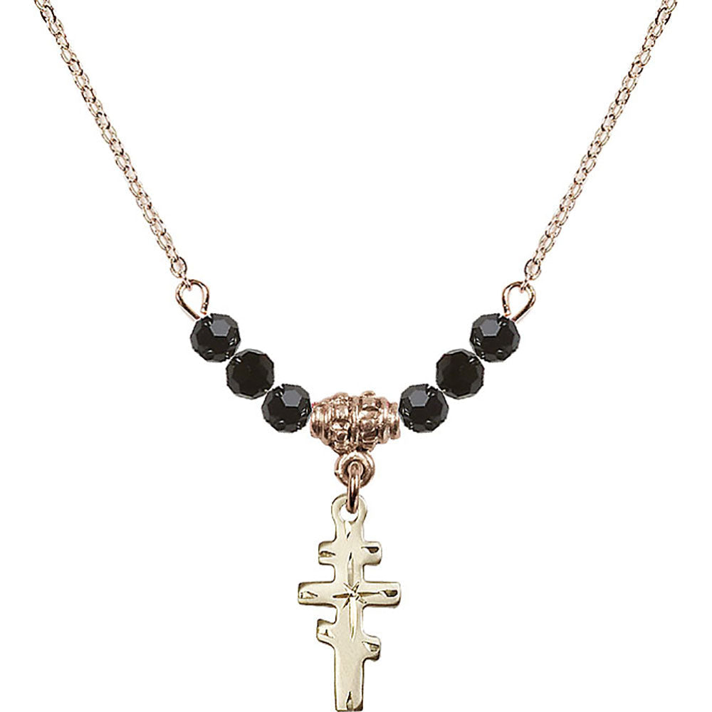 14kt Gold Filled Greek Orthadox Cross Birthstone Necklace with Jet Beads - 5654