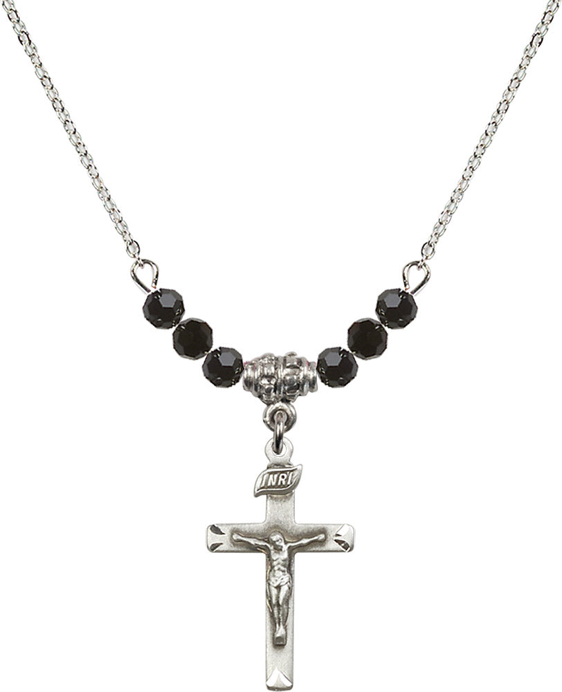 Sterling Silver Crucifix Birthstone Necklace with Jet Beads - 5668