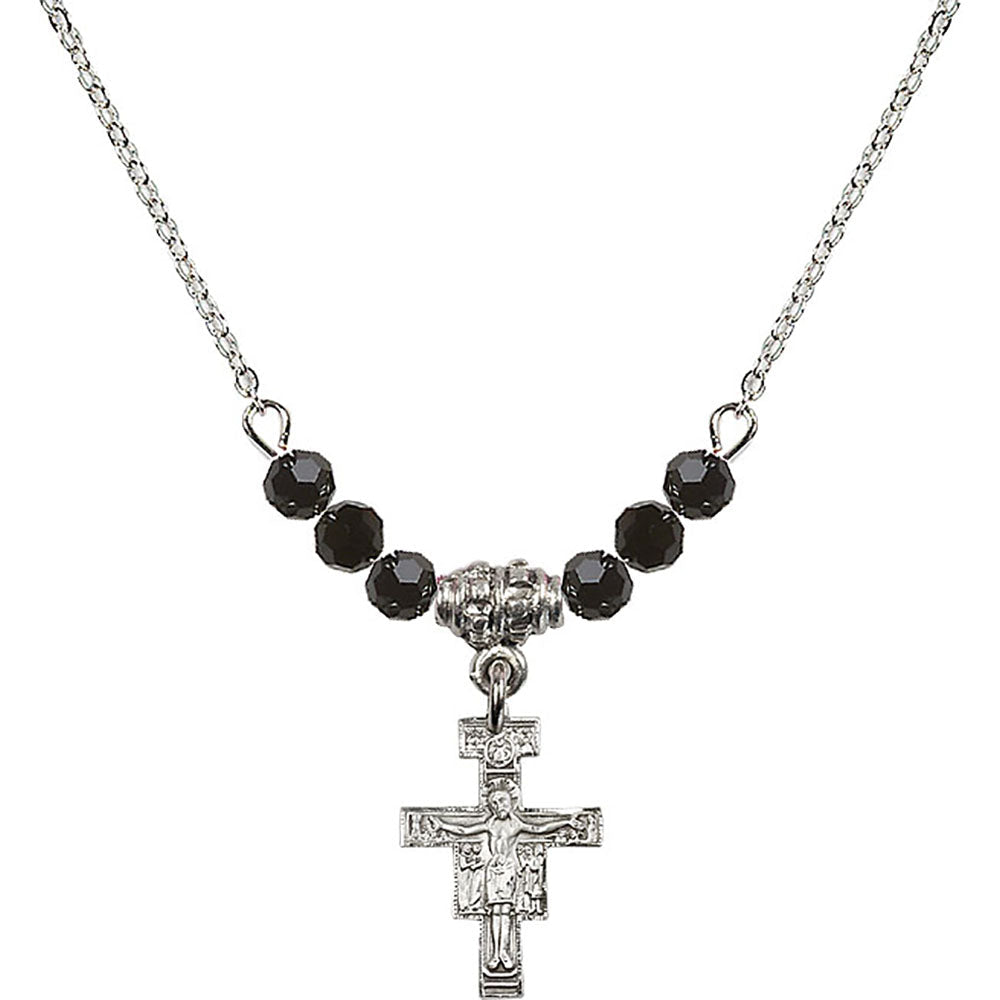 Sterling Silver San Damiano Crucifix Birthstone Necklace with Jet Beads - 6078