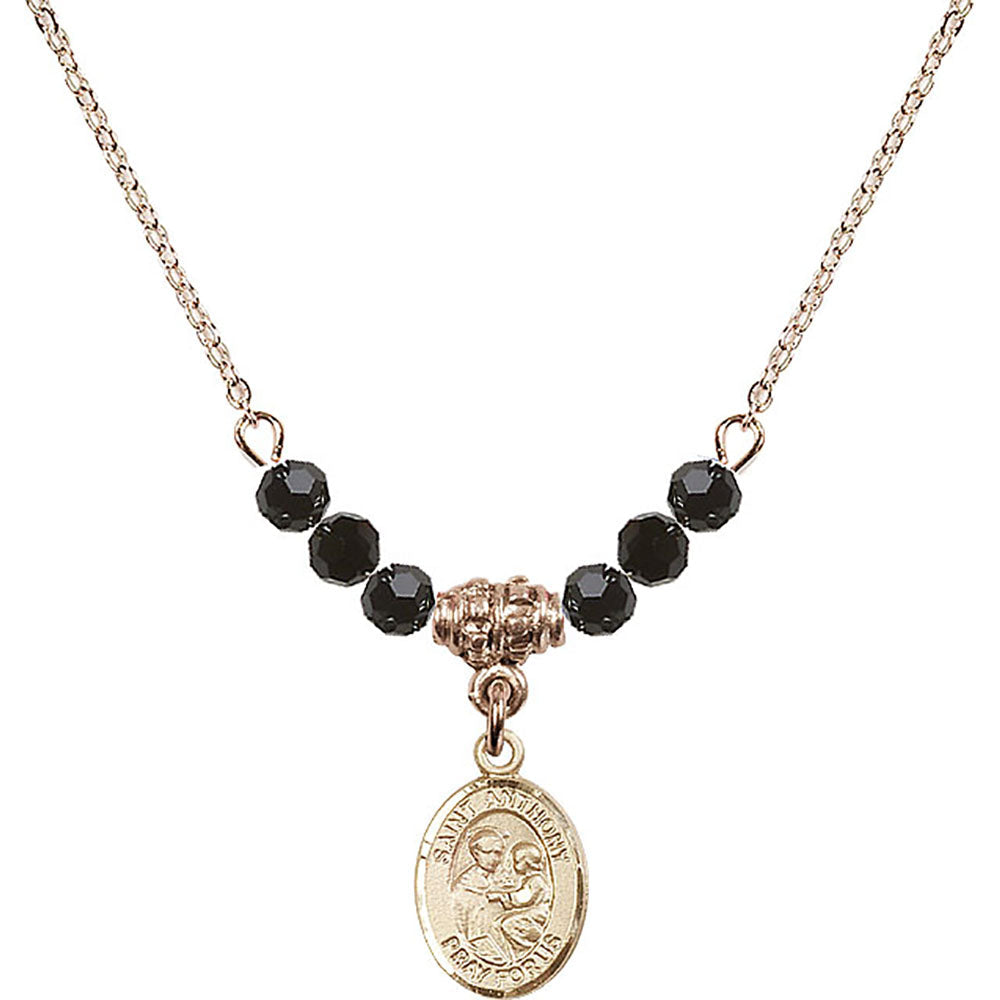 14kt Gold Filled Saint Anthony of Padua Birthstone Necklace with Jet Beads - 9004