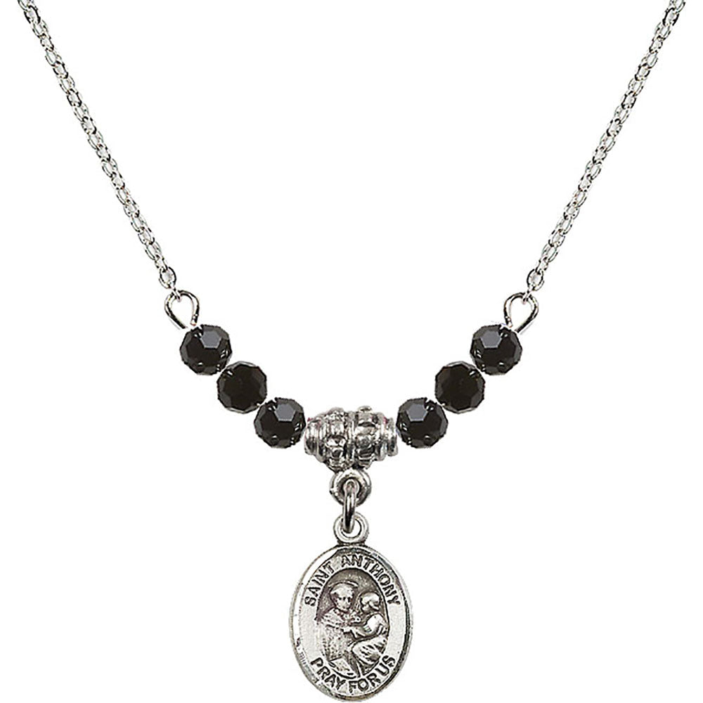 Sterling Silver Saint Anthony of Padua Birthstone Necklace with Jet Beads - 9004