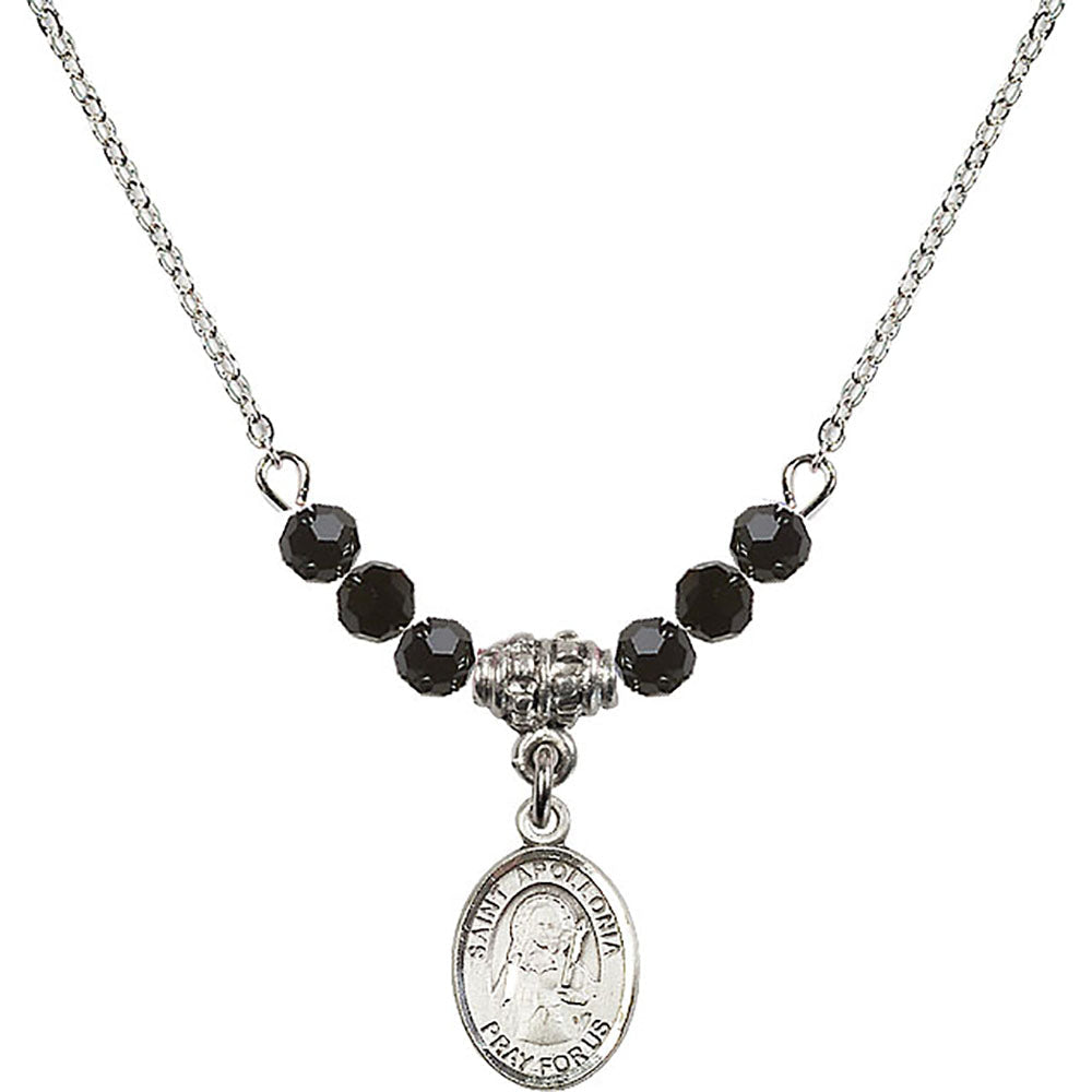 Sterling Silver Saint Apollonia Birthstone Necklace with Jet Beads - 9005