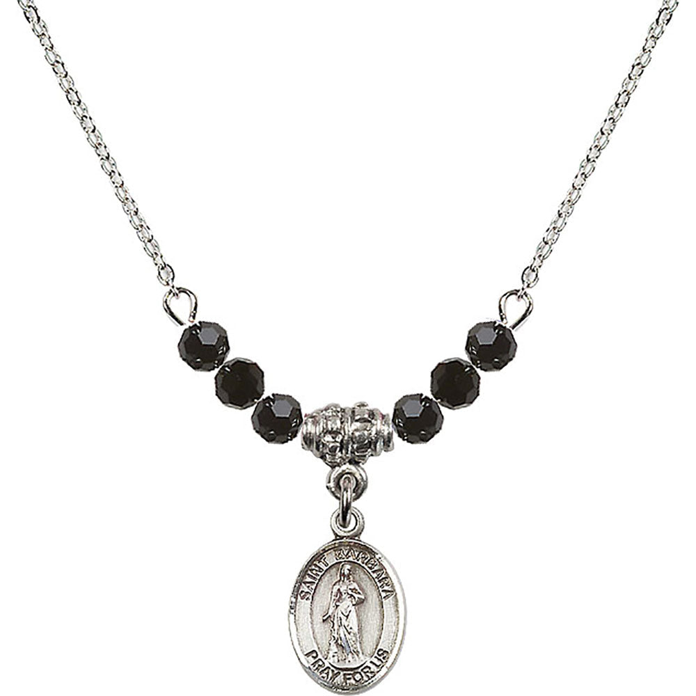 Sterling Silver Saint Barbara Birthstone Necklace with Jet Beads - 9006