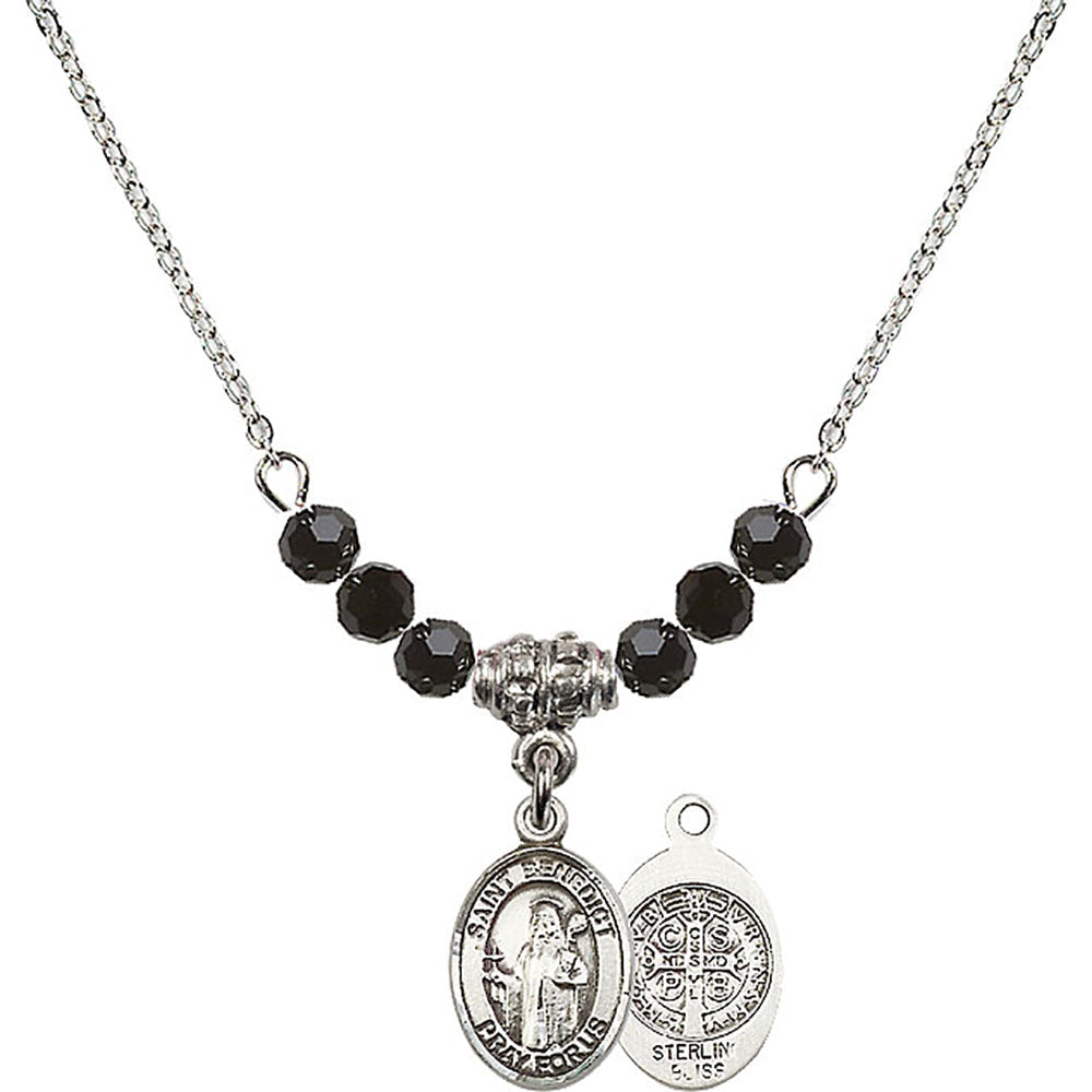 Sterling Silver Saint Benedict Birthstone Necklace with Jet Beads - 9008
