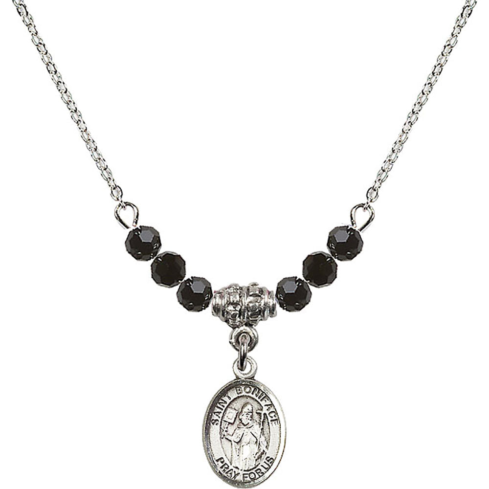 Sterling Silver Saint Boniface Birthstone Necklace with Jet Beads - 9009