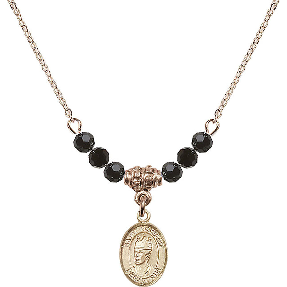 14kt Gold Filled Saint Edward the Confessor Birthstone Necklace with Jet Beads - 9026