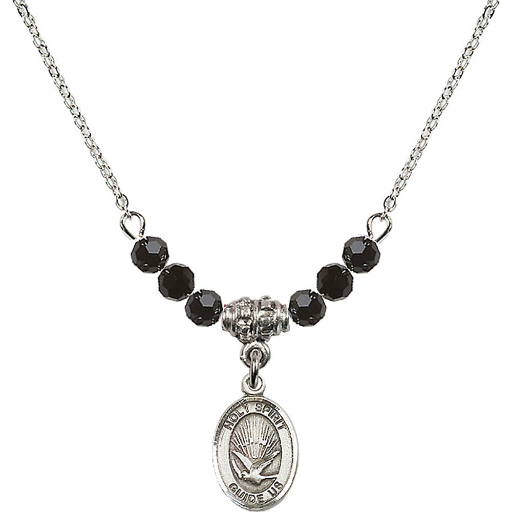 Sterling Silver Holy Spirit Birthstone Necklace with Jet Beads - 9044