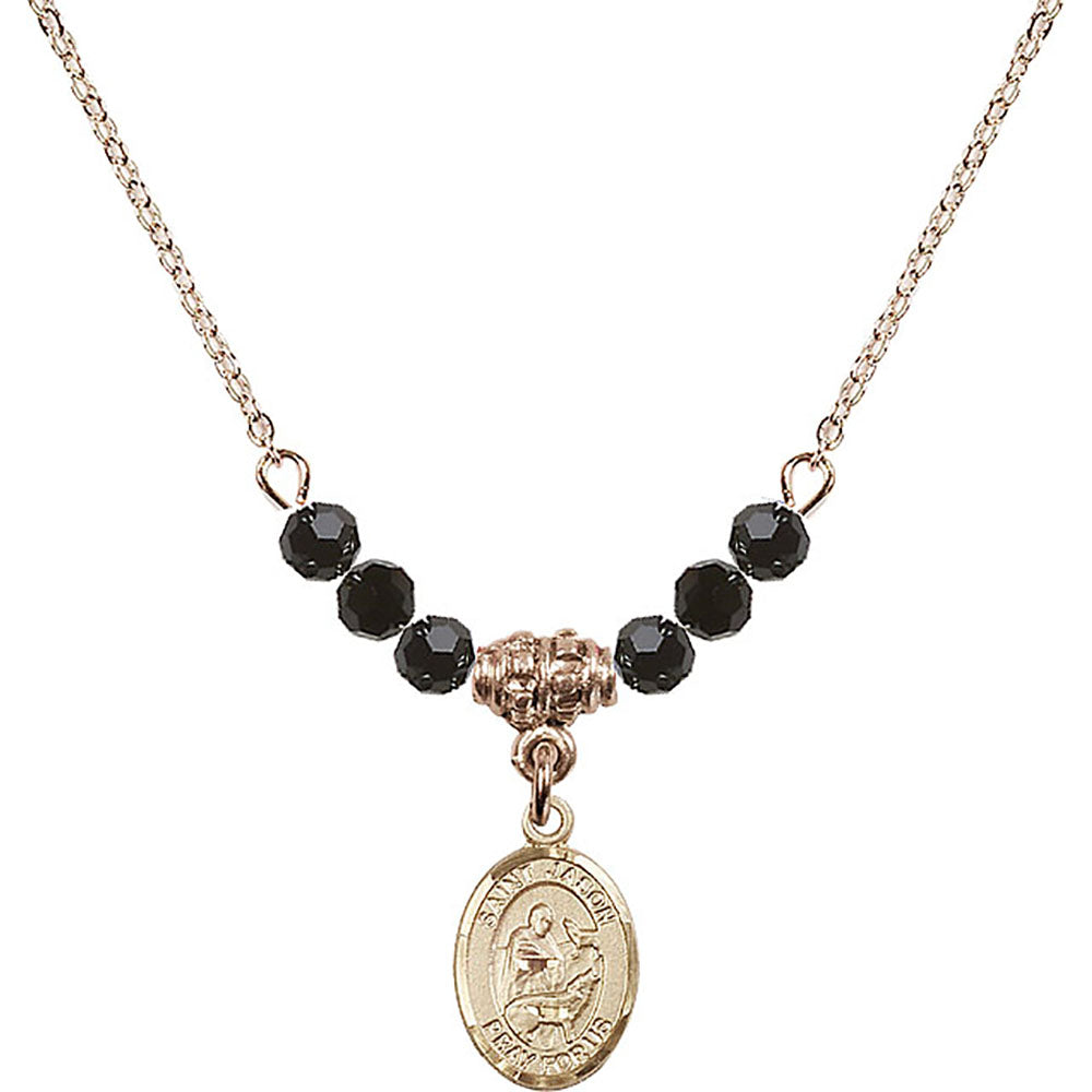 14kt Gold Filled Saint Jason Birthstone Necklace with Jet Beads - 9051