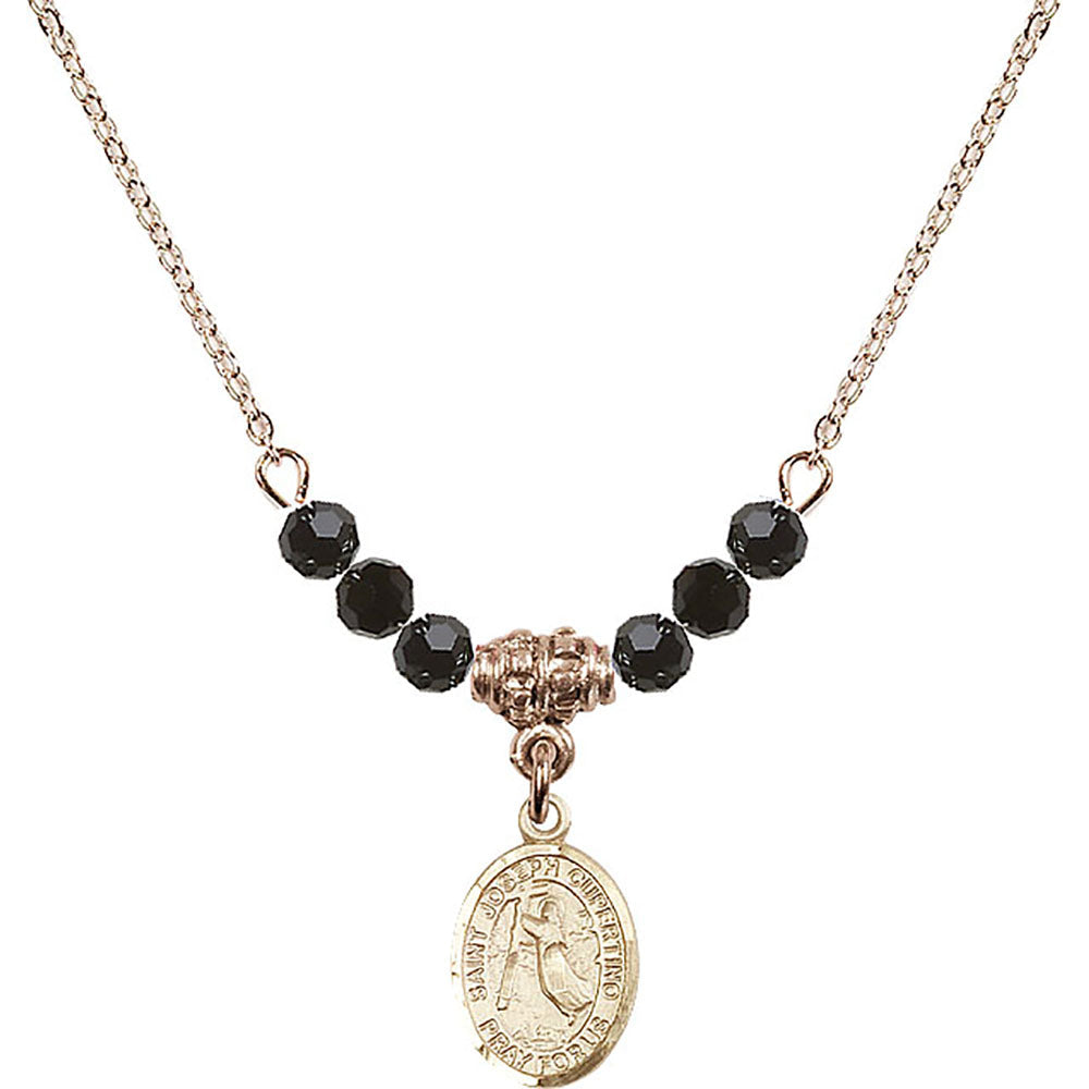 14kt Gold Filled Saint Joseph of Cupertino Birthstone Necklace with Jet Beads - 9057