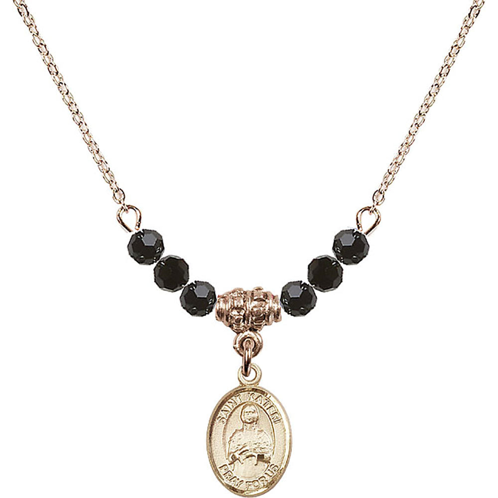 14kt Gold Filled Saint Kateri Tekakwitha Birthstone Necklace with Jet Beads - 9061