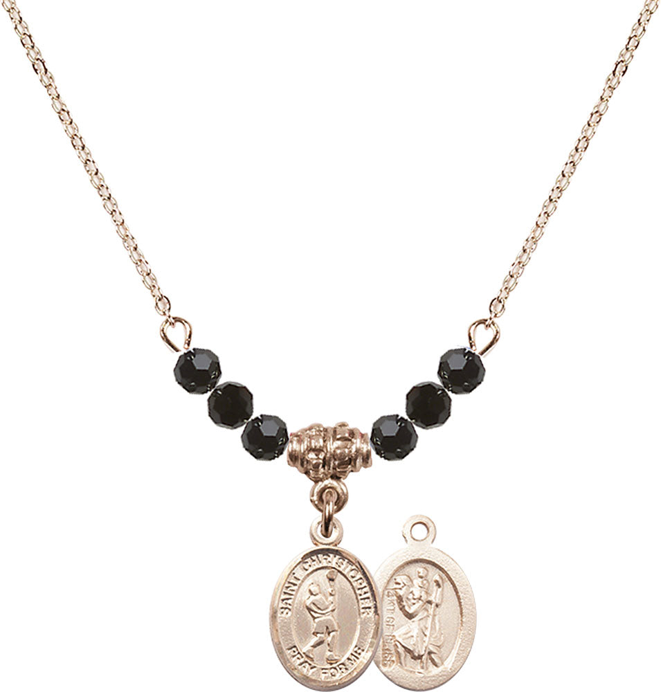 14kt Gold Filled Saint Christopher/Lacrosse Birthstone Necklace with Jet Beads - 9144