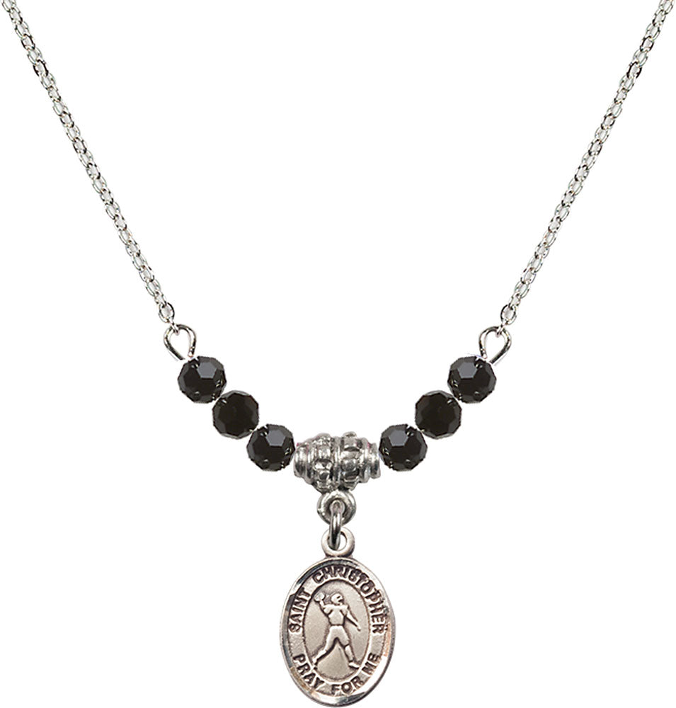 Sterling Silver Saint Christopher/Football Birthstone Necklace with Jet Beads - 9151