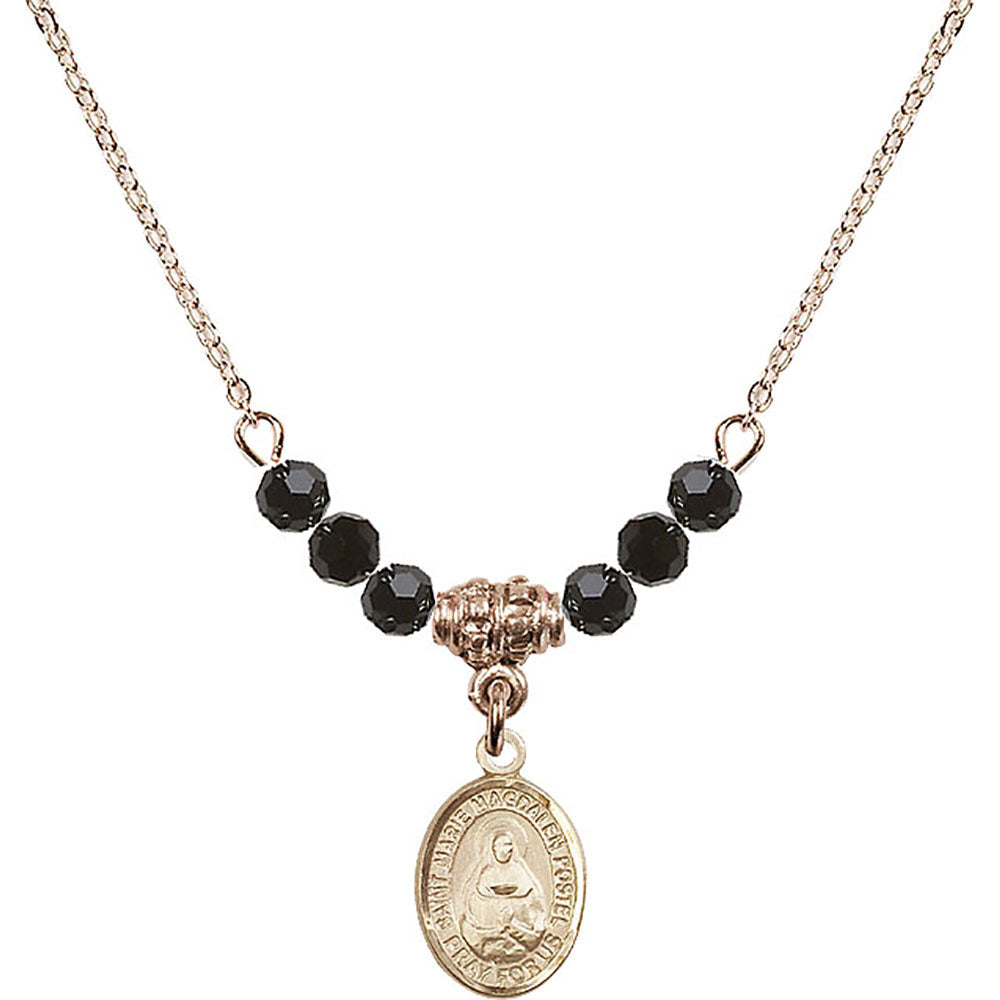 14kt Gold Filled Saint Marie Magdalen Postel Birthstone Necklace with Jet Beads - 9294