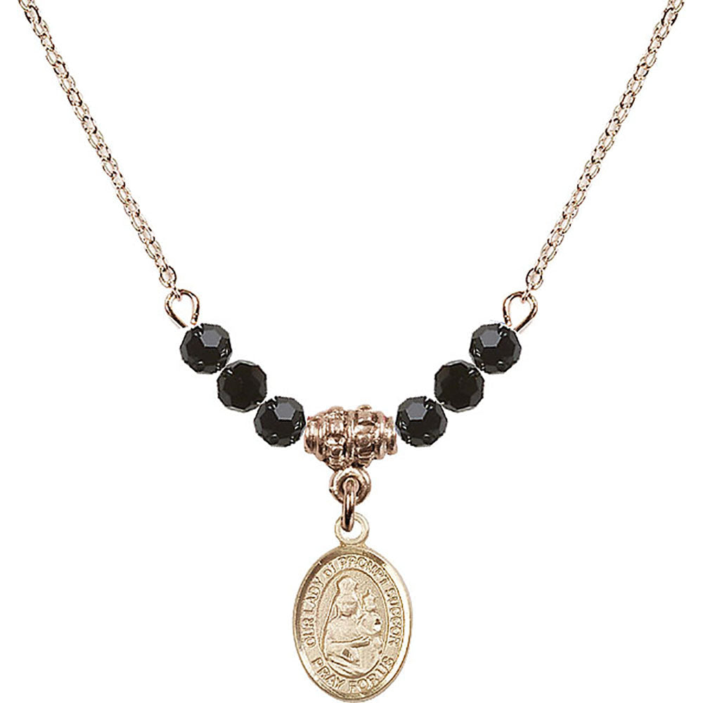 14kt Gold Filled Our Lady of Prompt Succor Birthstone Necklace with Jet Beads - 9299