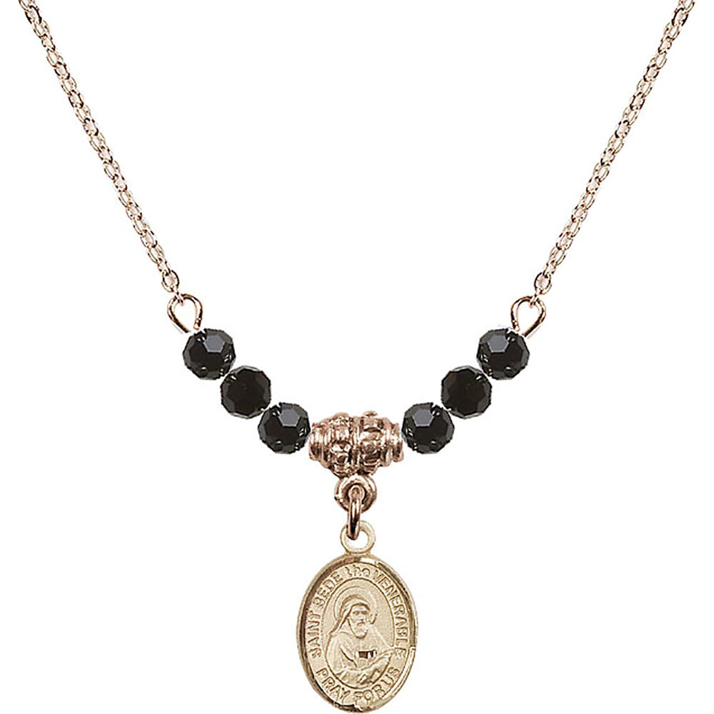 14kt Gold Filled Saint Bede the Venerable Birthstone Necklace with Jet Beads - 9302